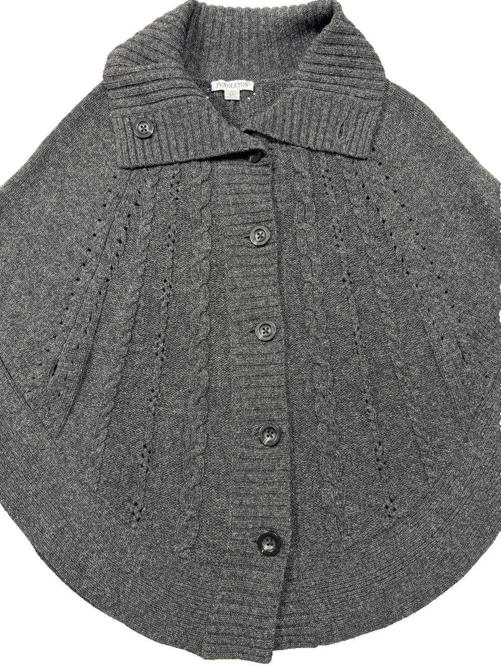 Pendleton 100% Lambswool Cable Knit Poncho Cape Cardigan Grey Coastal SZ S/M